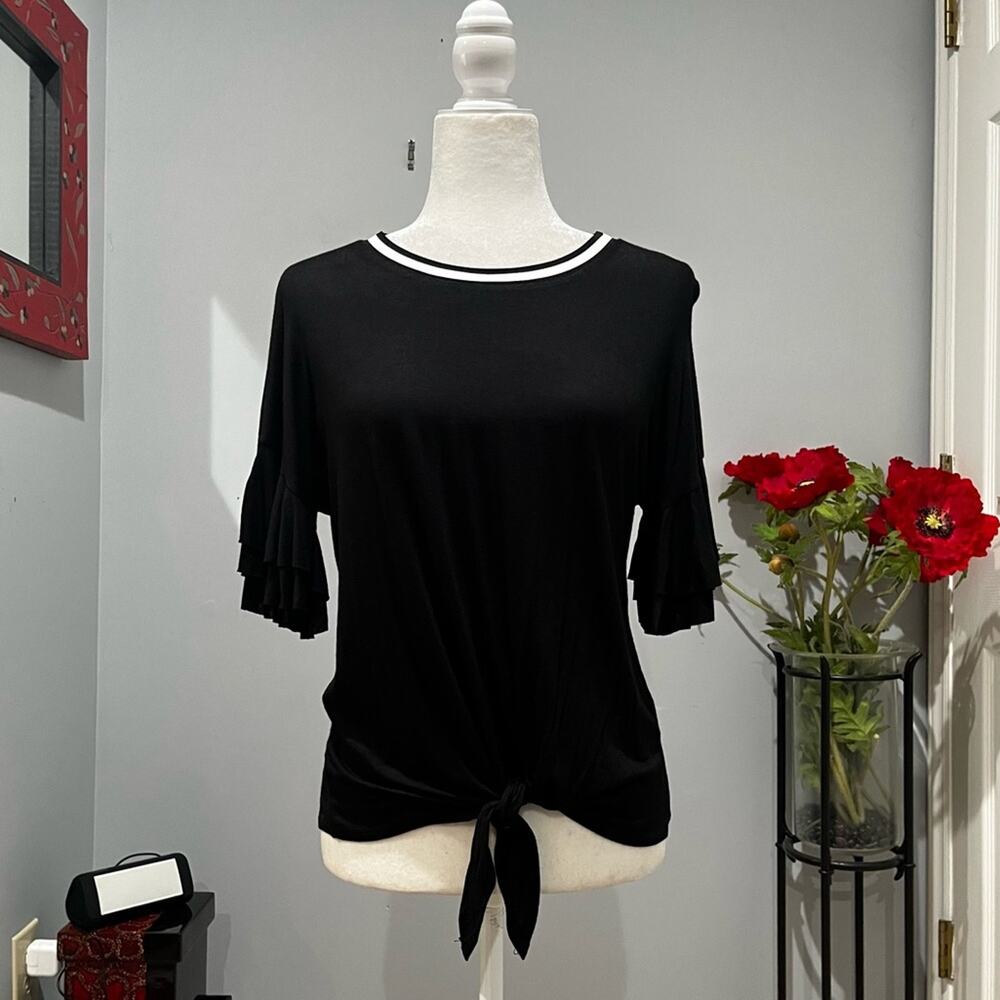 NEW Caution To The Wind Flounce Ruffle Short Sleeve Tie Front Longline Flowy Top